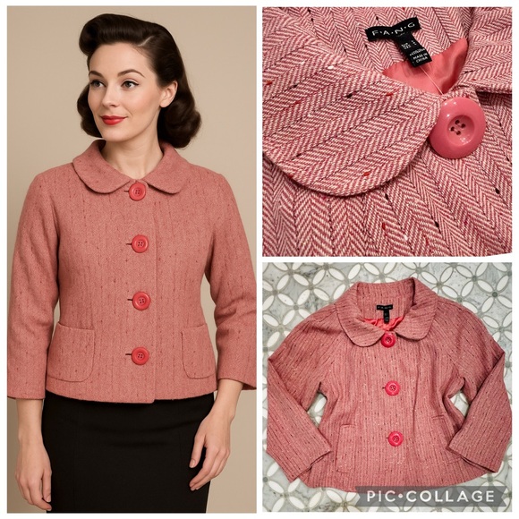 NWT 90s Vintage FANG Coral Pink Wool 3/4 Sleeve Peter Pan Collar Women's Blazer - Picture 1 of 11